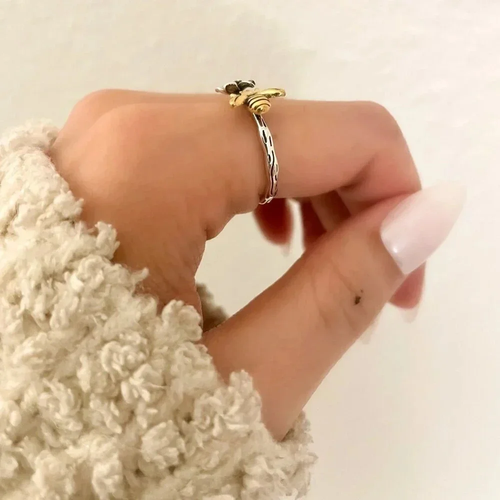 925 Sterling Silver Bee Ring Two Tone Ring Dainty Bee Ring Silver & Gold Ring